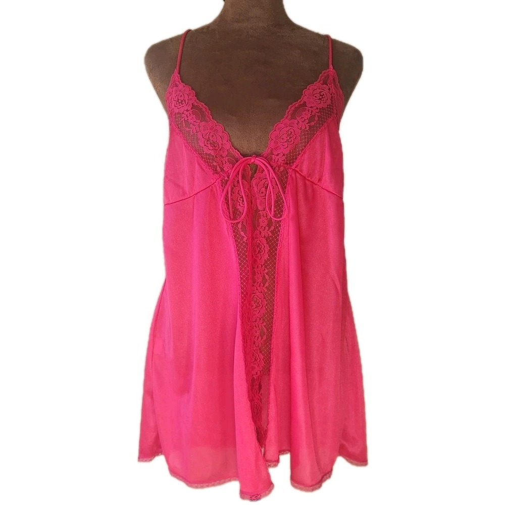 Vtg Undercover Wear Babydoll Camisole Top Lace Lingerie Reddish Pink Tie Front‎